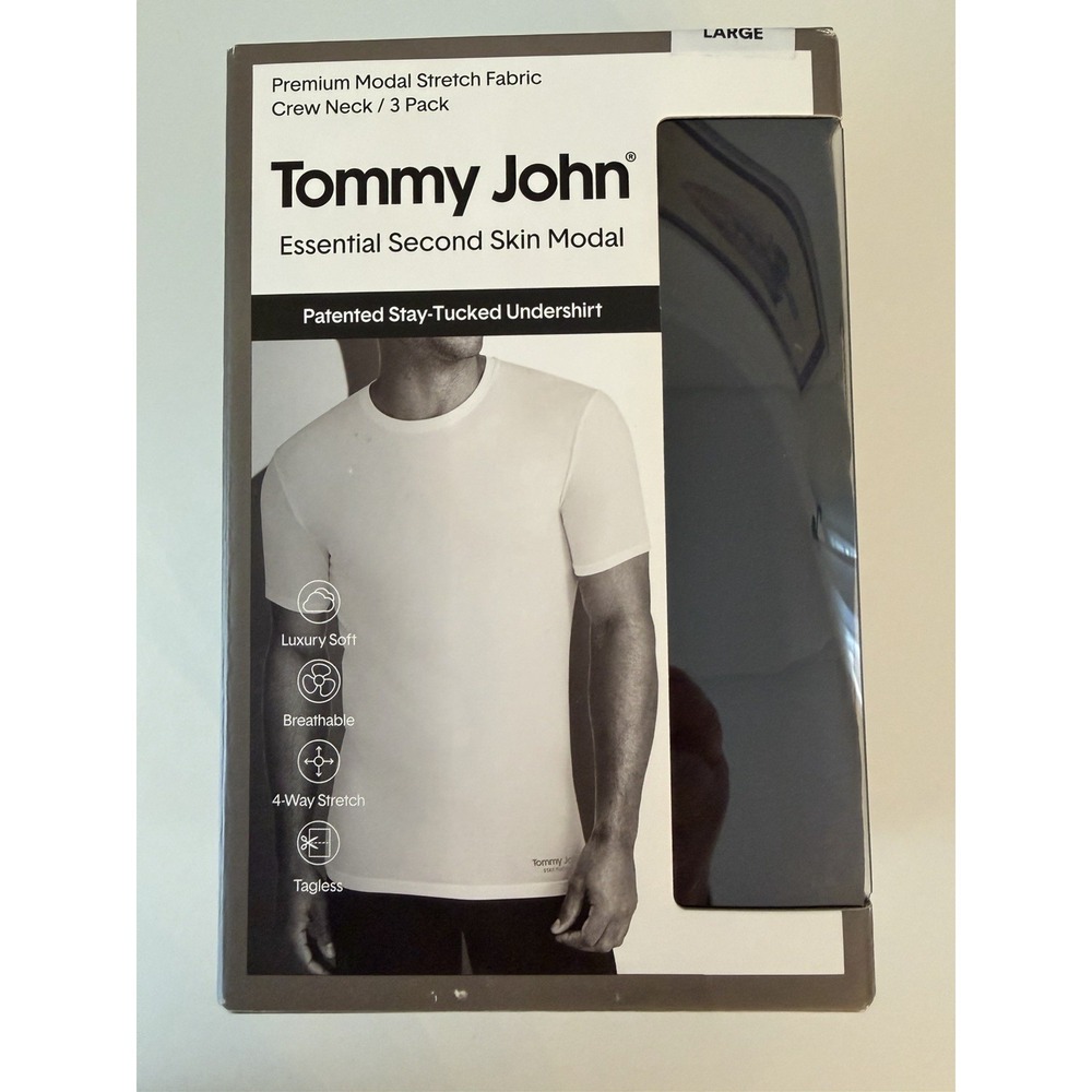 Tommy John Mens BLACK 3 Pack Essential Second Skin Modal Crew Neck Undershirt L